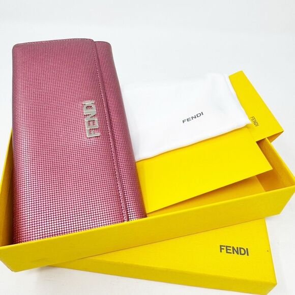FENDI | Textured Pink Metallic Long Wallet with Box, Dust Bag, Paperwork/Receipt - Picture 1 of 10
